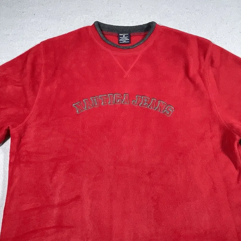 Vintage Nautica Fleece Sweater Mens Large Red‎ SPELLOUT Nautica Jeans Crew Neck